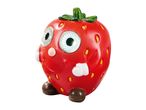 Strawberry-shaped solar light with a smiling face, white hands, and brown feet.