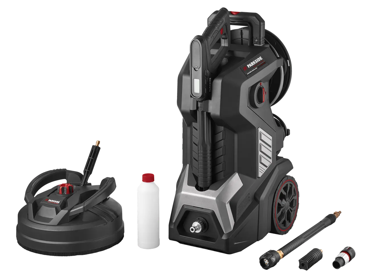 Aparat de spălat cu presiune Parkside Performance® cu accesorii: curățător de suprafețe și sticlă de detergent.