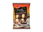 Packaging for sponge cake bites with cocoa glaze, showing cakes, eggs, and milk.