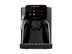 Black automatic coffee machine with a digital display showing various drink options.