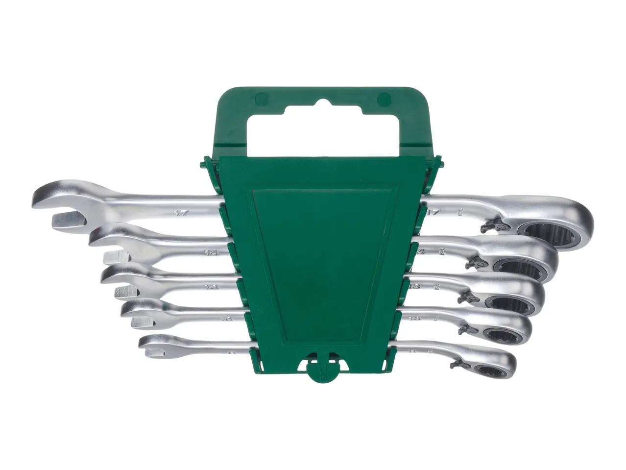 A set of silver combination ratchet wrenches in a green plastic holder.