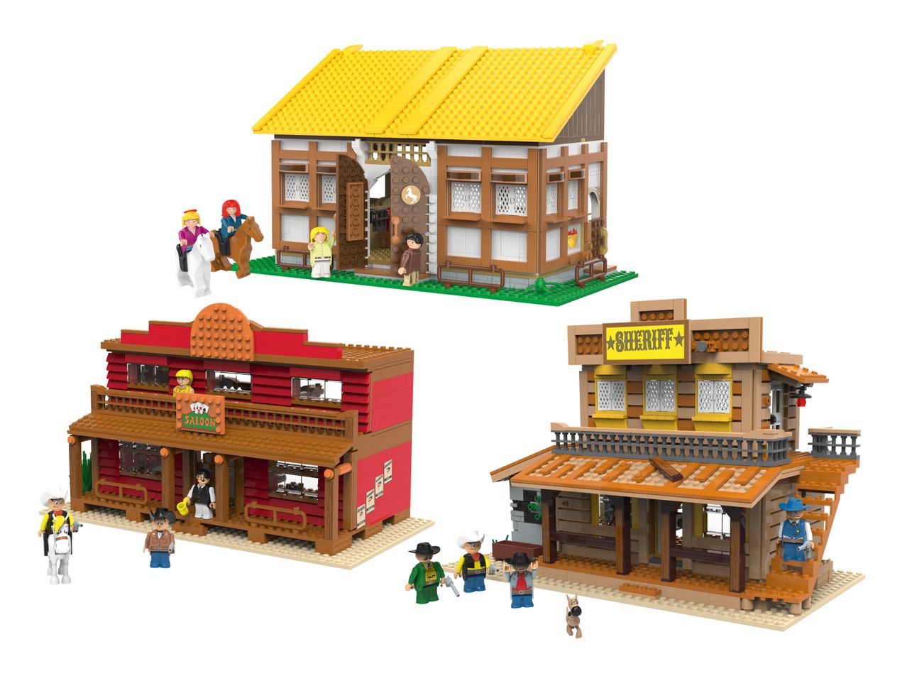 Lego-Style Wildwest-Gebäude: Stall, Saloon und Sheriffbüro.