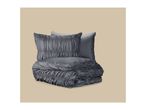 Grey ruched bedding set with a folded duvet and two matching pillows