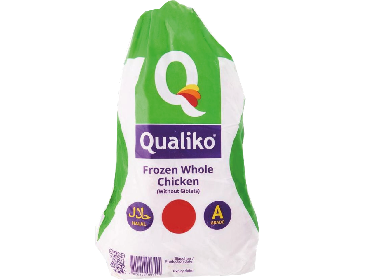 Förpackning med fryst hel kyckling utan inälvor, märkt som Halal och A-klass.