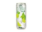 Hvid dåse med mousserende mojito-drik, dekoreret med limefrugter, mynteblade og vandsprøjt.