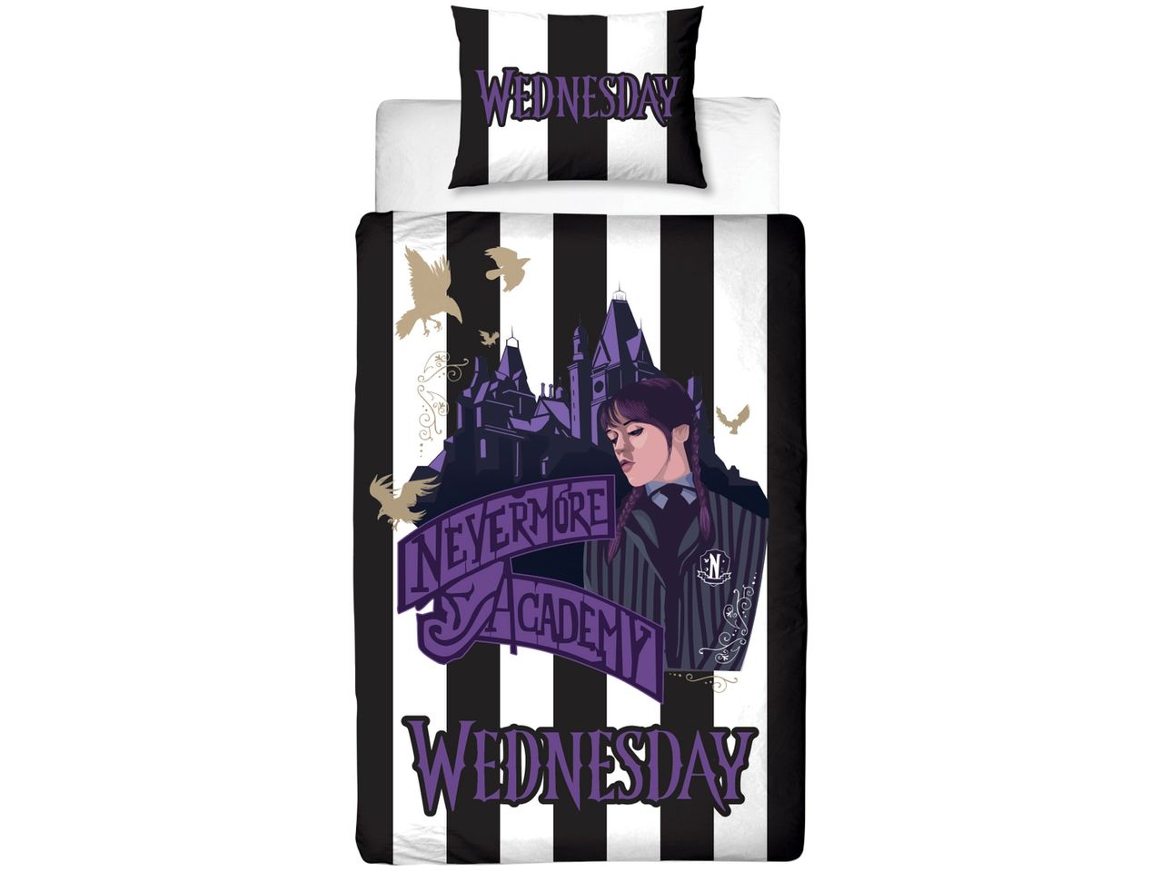 Set di biancheria da letto a righe bianche e nere con Wednesday Addams e Nevermore Academy.