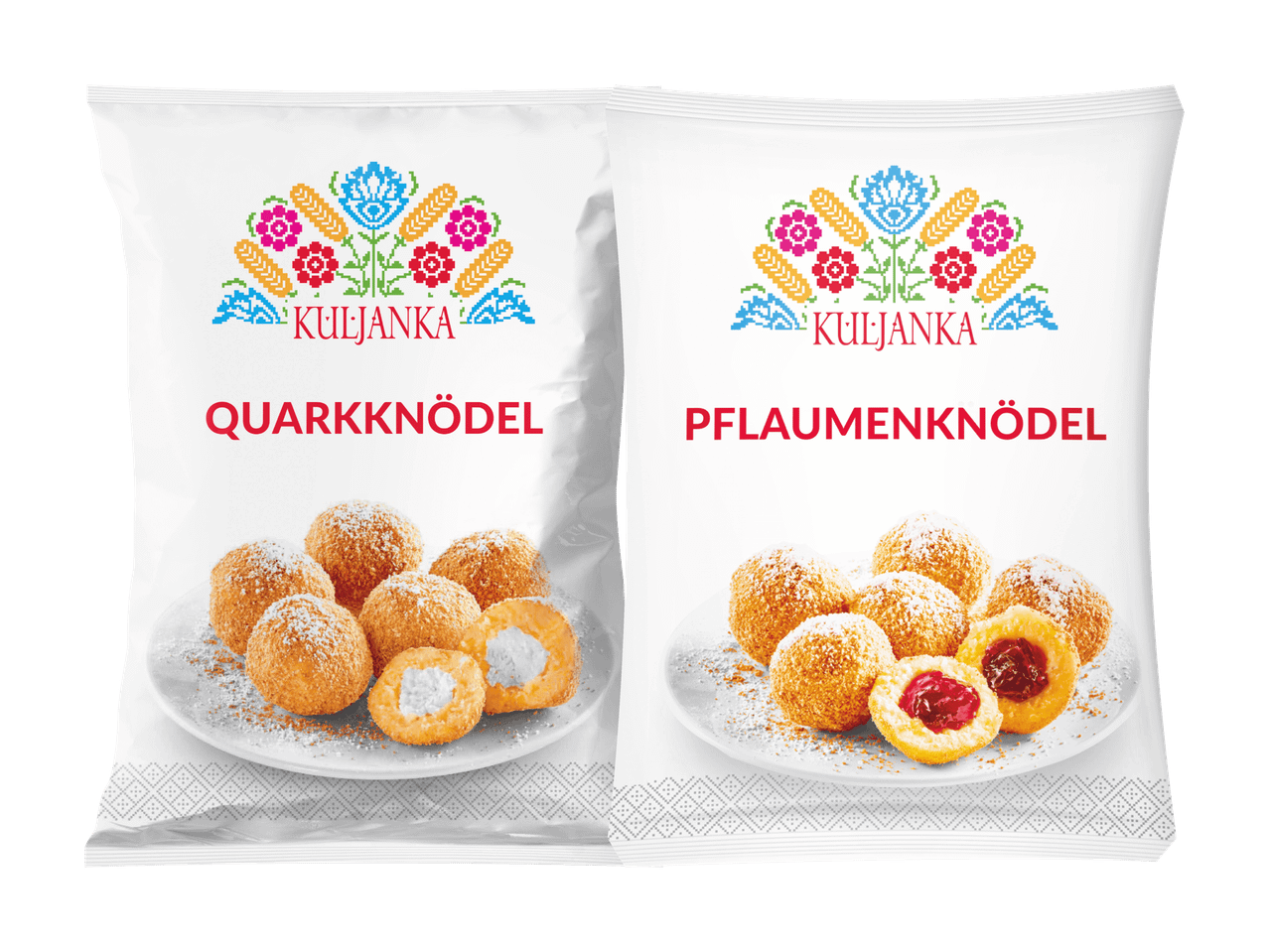 Zwei Packungen Knödel: Quarkknödel mit Frischkäsefüllung und Pflaumenknödel mit Fruchtfüllung.