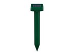 A green solar-powered pest repeller with a pointed stake for ground insertion.