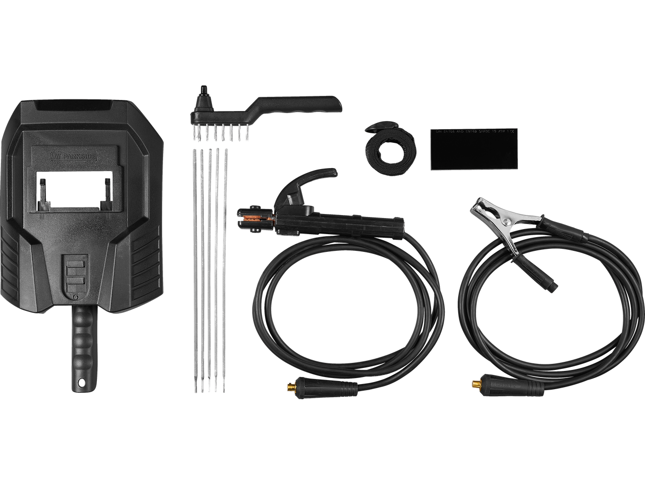PARKSIDE Inverter-Schweißgerät mit Schweißmaske, Elektroden, Bürste und Kabeln.