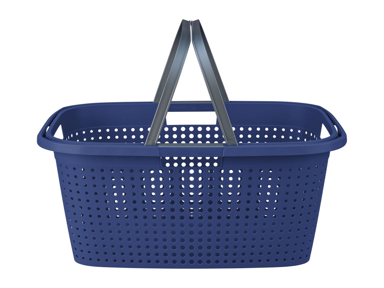 A navy blue plastic laundry basket with dark gray handles.