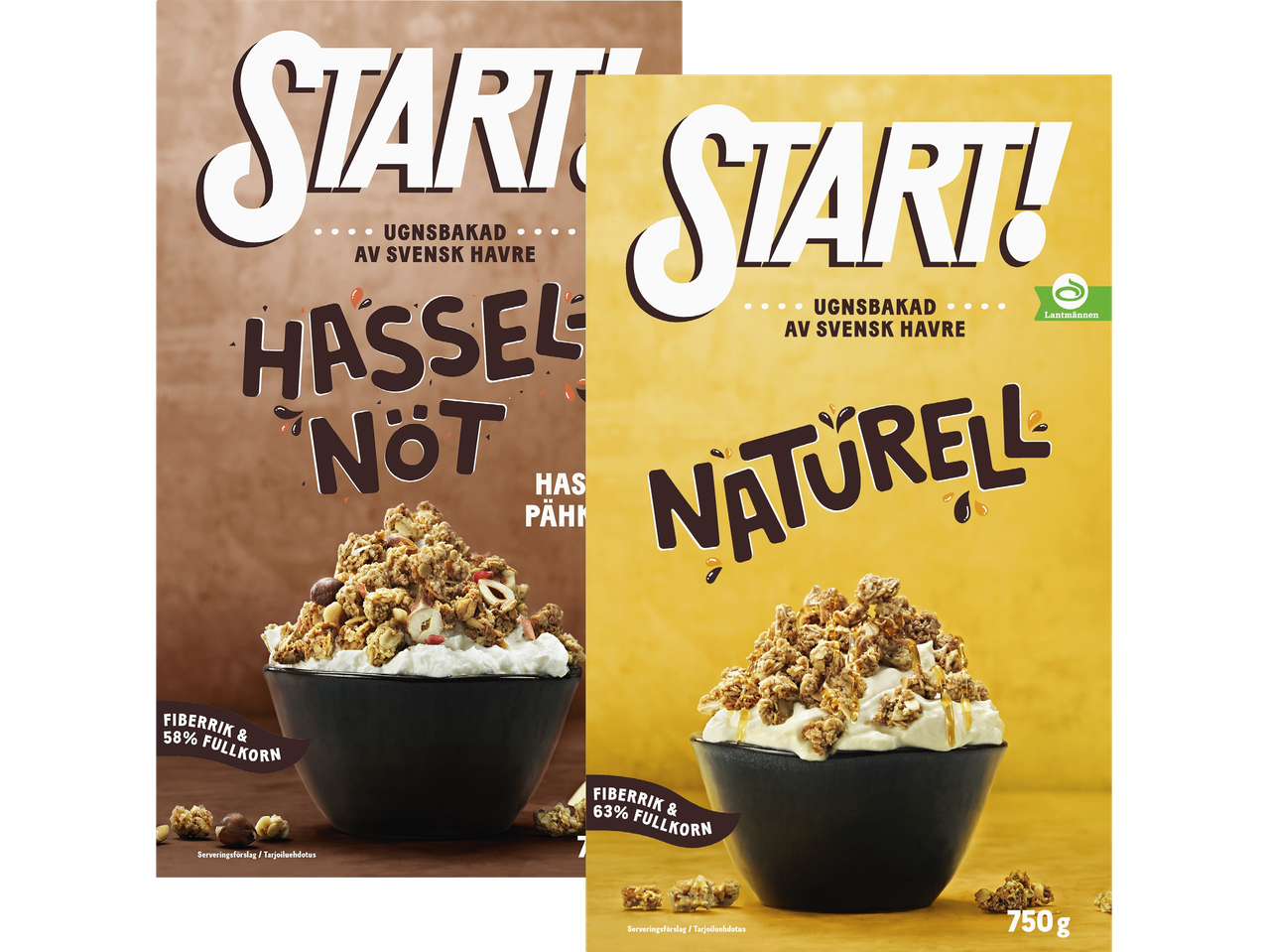 Två förpackningar av Start! müsli, en med hasselnötter och en naturell, från Lantmännen.