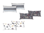 Ein Set von Kissen in verschiedenen Mustern: Streifen, Blumen und florale Designs in Grau- und Weißtönen.