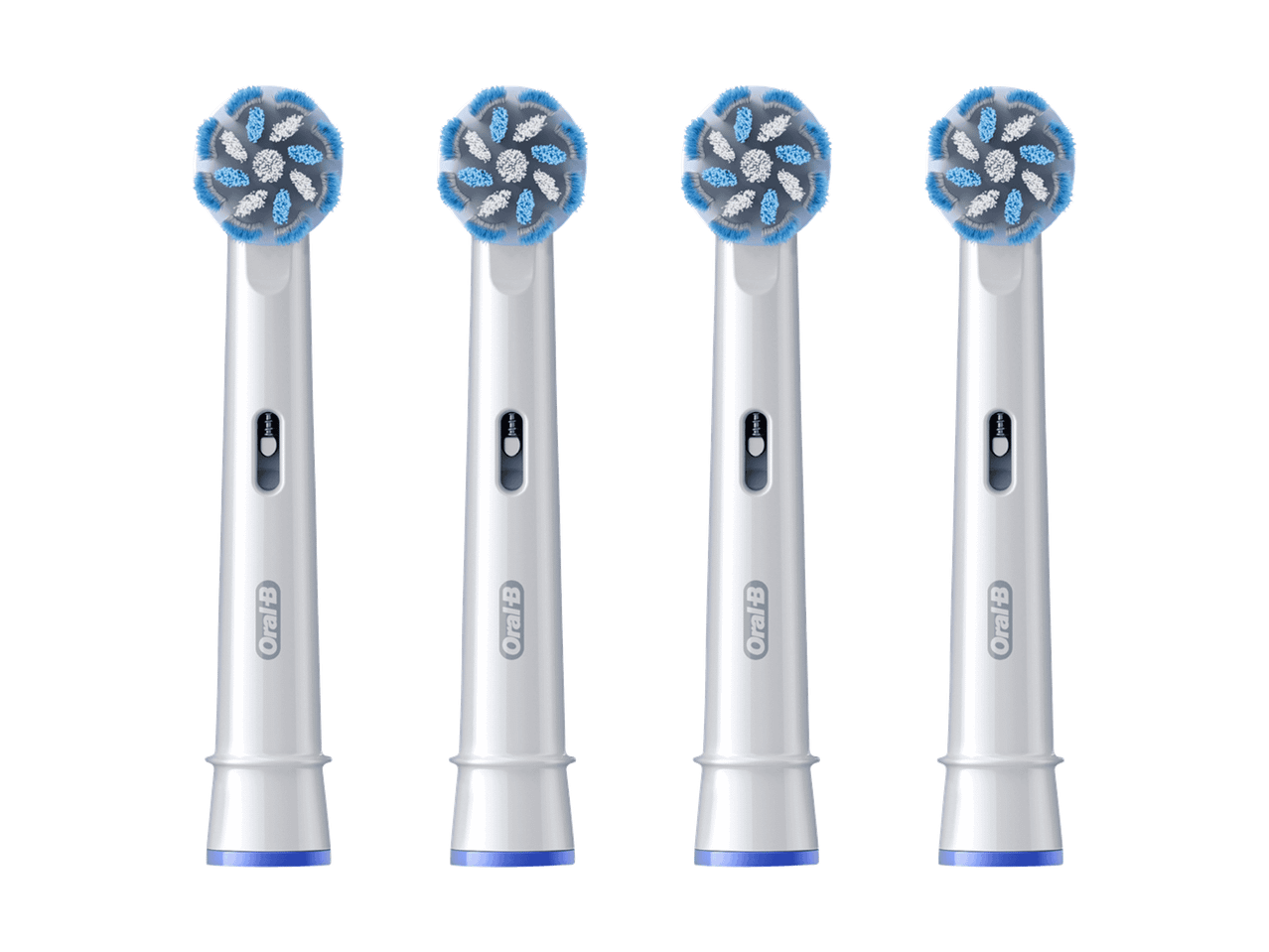 Quatre têtes de brosse à dents de rechange Oral-B avec des poils bleus et blancs sur fond noir.