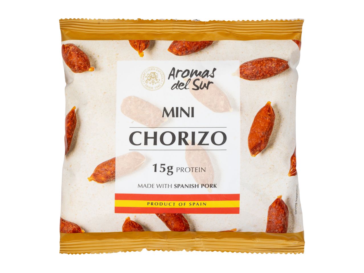 Mini chorizo snack bag with 15g protein, made with Spanish pork.