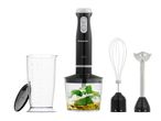 SilverCrest 600W hand blender with attachments: beaker, whisk, and chopper.