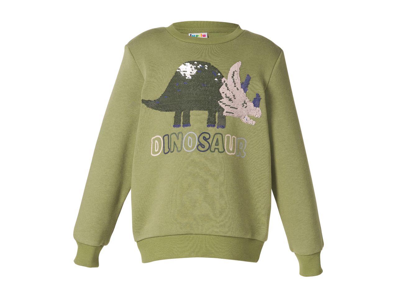 Green children's sweatshirt with sequin dinosaur design and 'DINOSAUR' text.