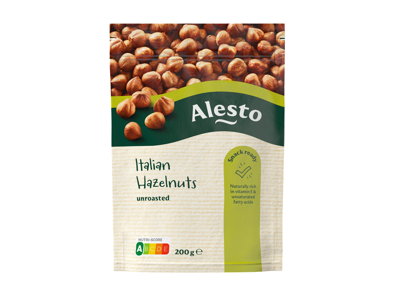 ALESTO Italiaanse Hazelnoten, ongeroosterd, 200g verpakking met Nutri-Score A.