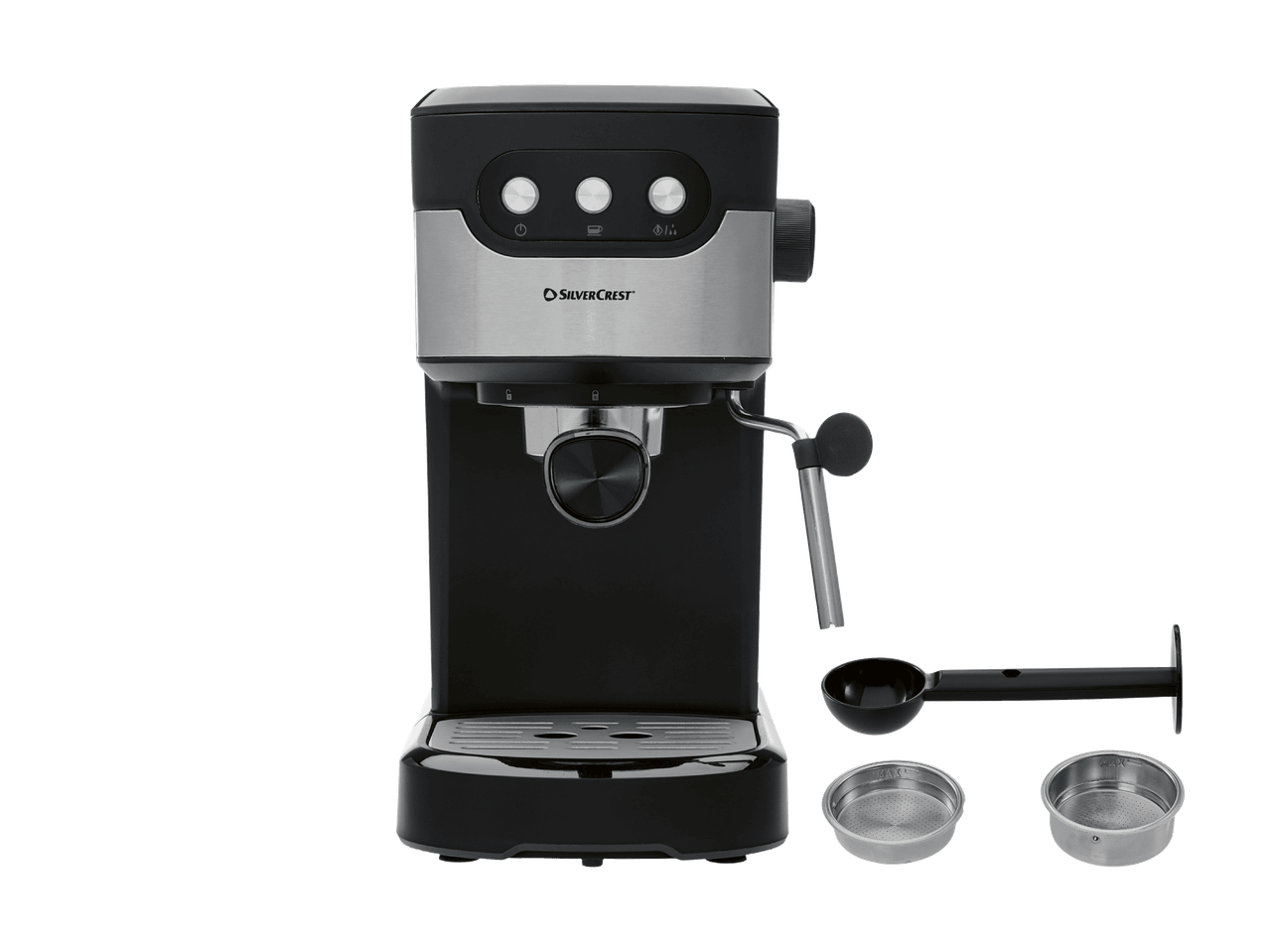 Siebträgermaschine mit Zubehör wie Messlöffel und zwei Siebeinsätzen.