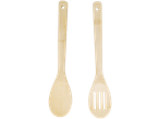 Conjunto de dois utensílios de cozinha de bambu, uma colher e uma espátula ranhurada.