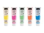 Five tubes of Crelano neon acrylic paint in yellow, pink, green, orange, and blue.
