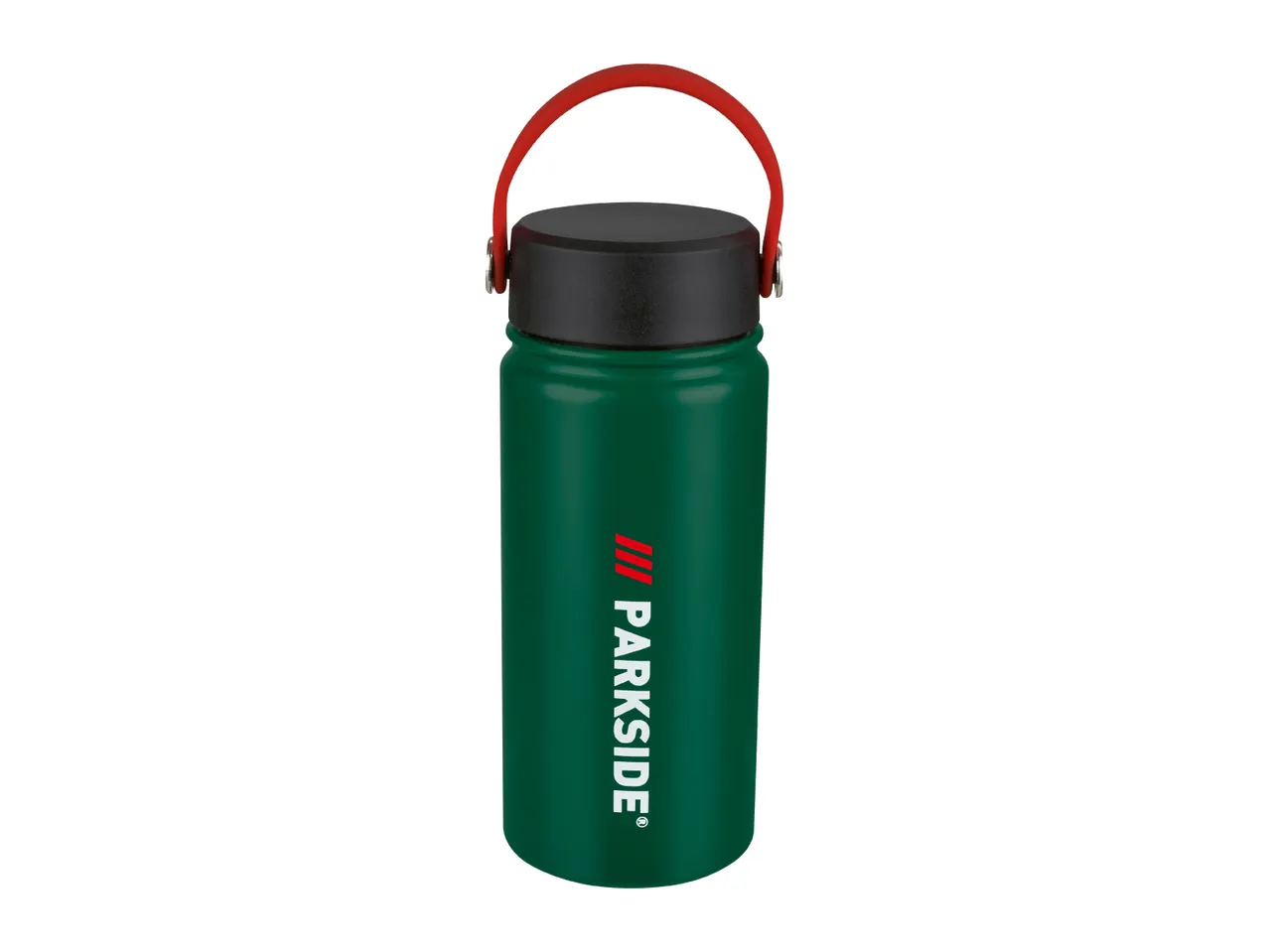 Green Parkside water bottle with a black lid and red handle.