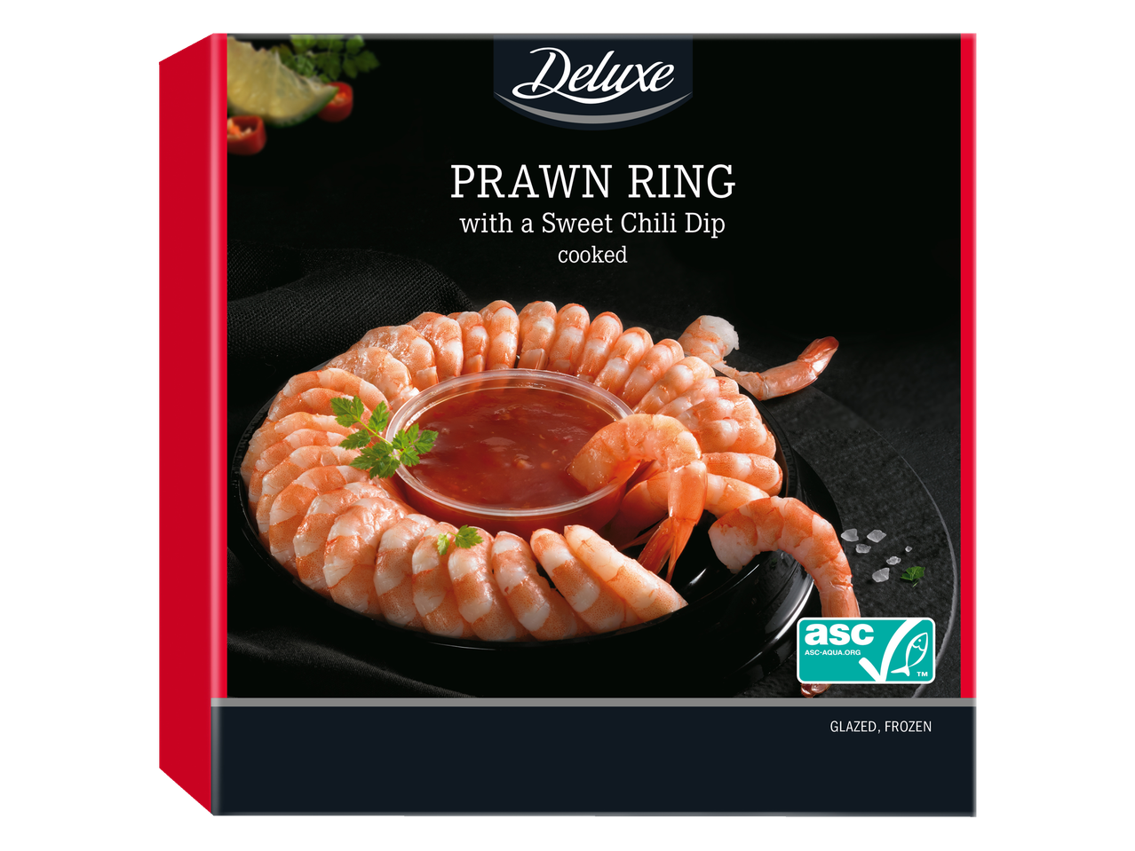 Virtos Deluxe krevetės žiedu su saldžiu čili padažu; glazūruotos, šaldytos.