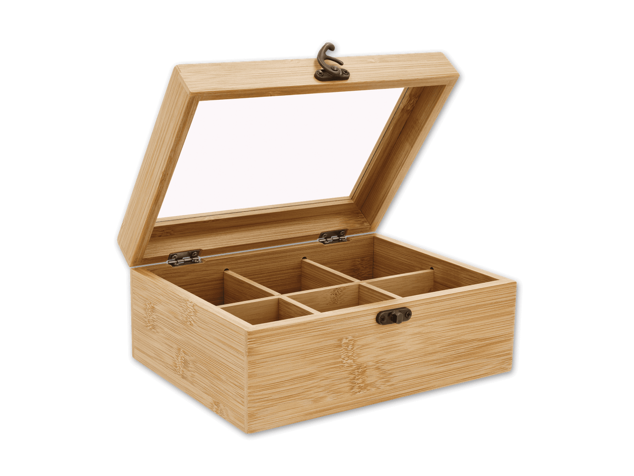 Bambus-Teebox mit sechs Fächern und transparentem Deckel