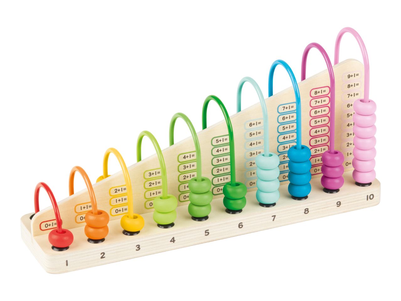 Wooden abacus with colorful beads and addition problems for learning math.