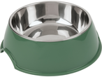 A green pet bowl with a stainless steel insert.