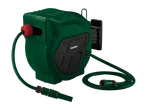 Green automatic hose reel with a red stopper and a coiled hose with a nozzle.