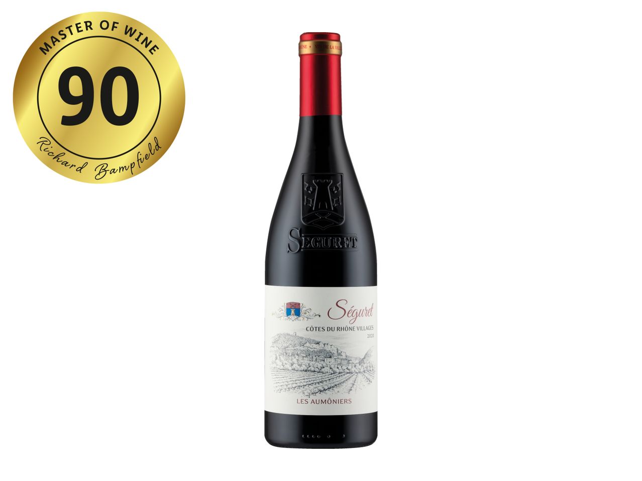 Red wine bottle with a label featuring a village and vineyards, rated 90 by a Master of Wine.
