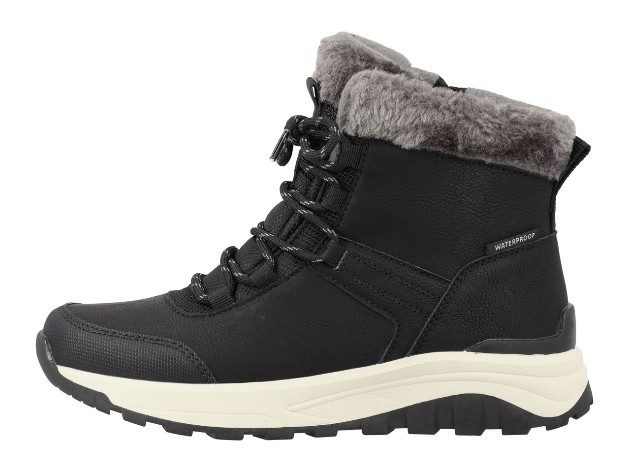 Black waterproof winter boot with faux fur lining and a cream sole.