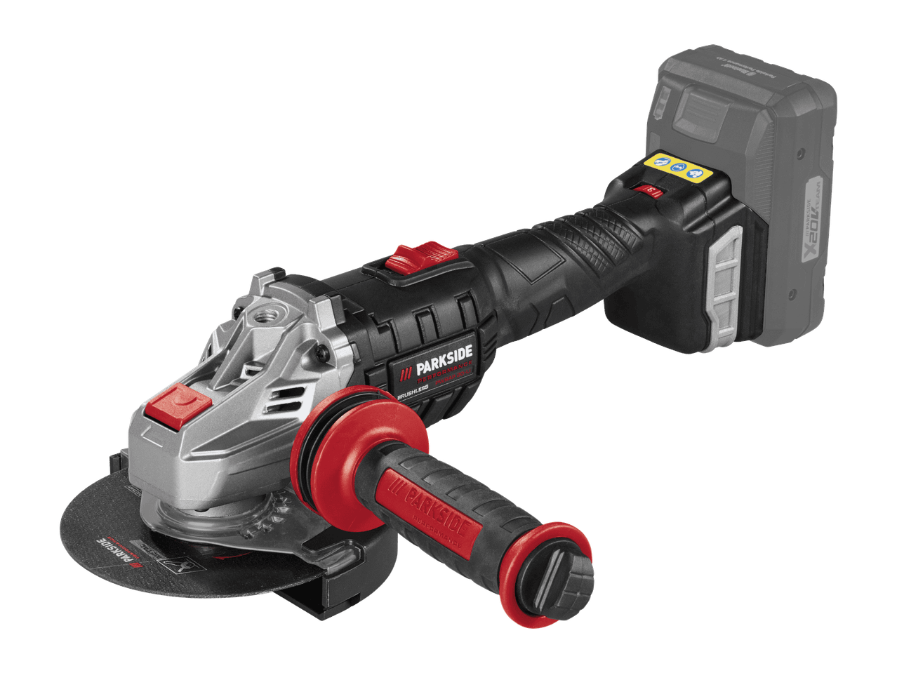 PARKSIDE PERFORMANCE -akkukulmahiomakone, jossa on X 20V TEAM -akku ja sivukahva.