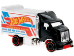 Hot Wheels speelgoedvoertuig, zwarte vrachtwagen met witte aanhanger met Hot Wheels-logo.
