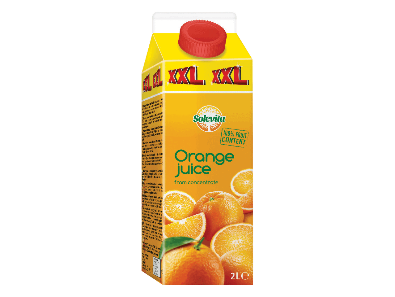 Pappkarbis apelsinimahl, millel on sildid '100% FRUIT CONTENT' ja '2Le'.