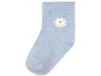 A single light blue baby sock with a white daisy.
