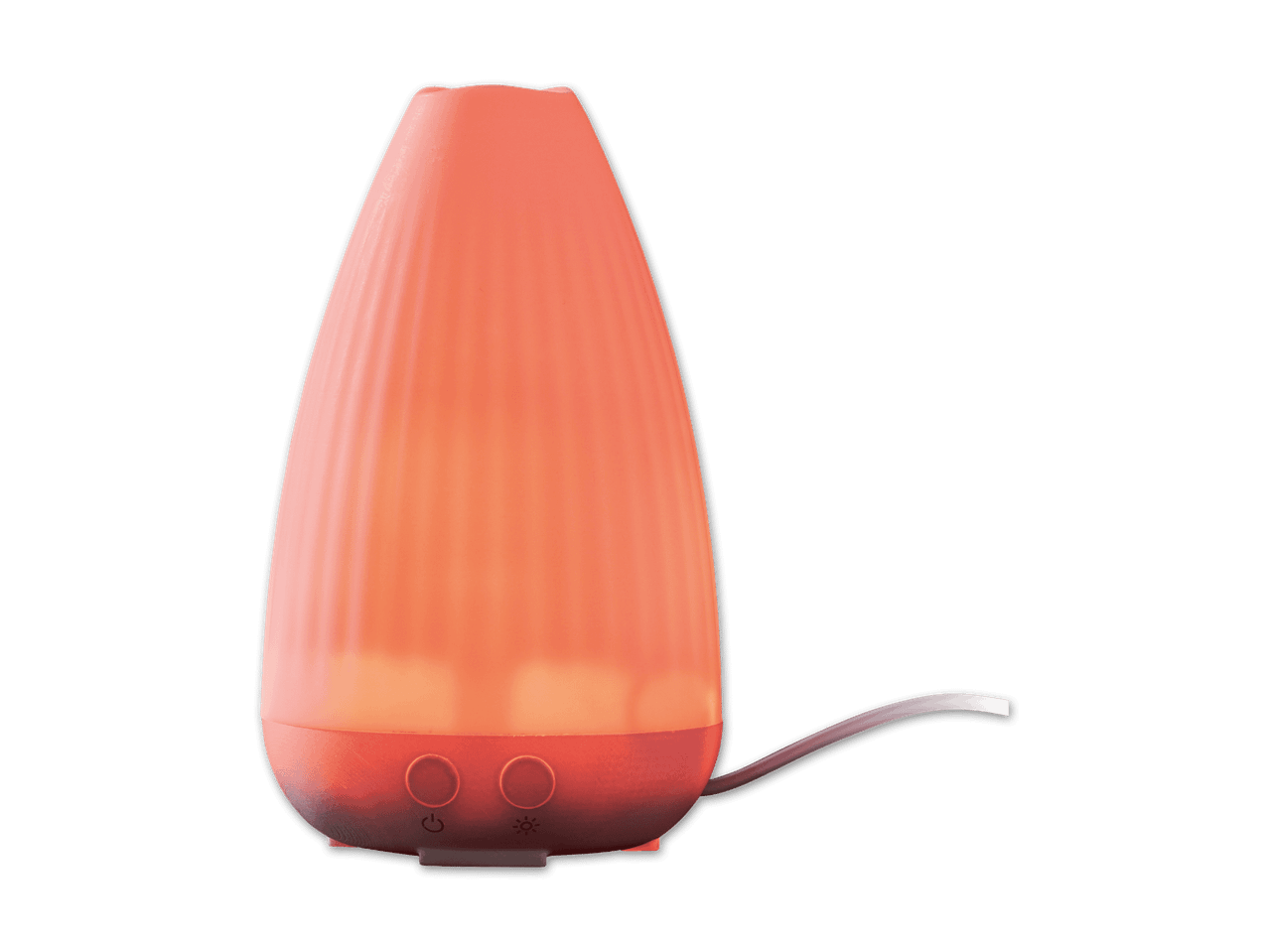 Ein leuchtend orangefarbener Aroma-Diffusor mit einem Netzkabel auf schwarzem Hintergrund.