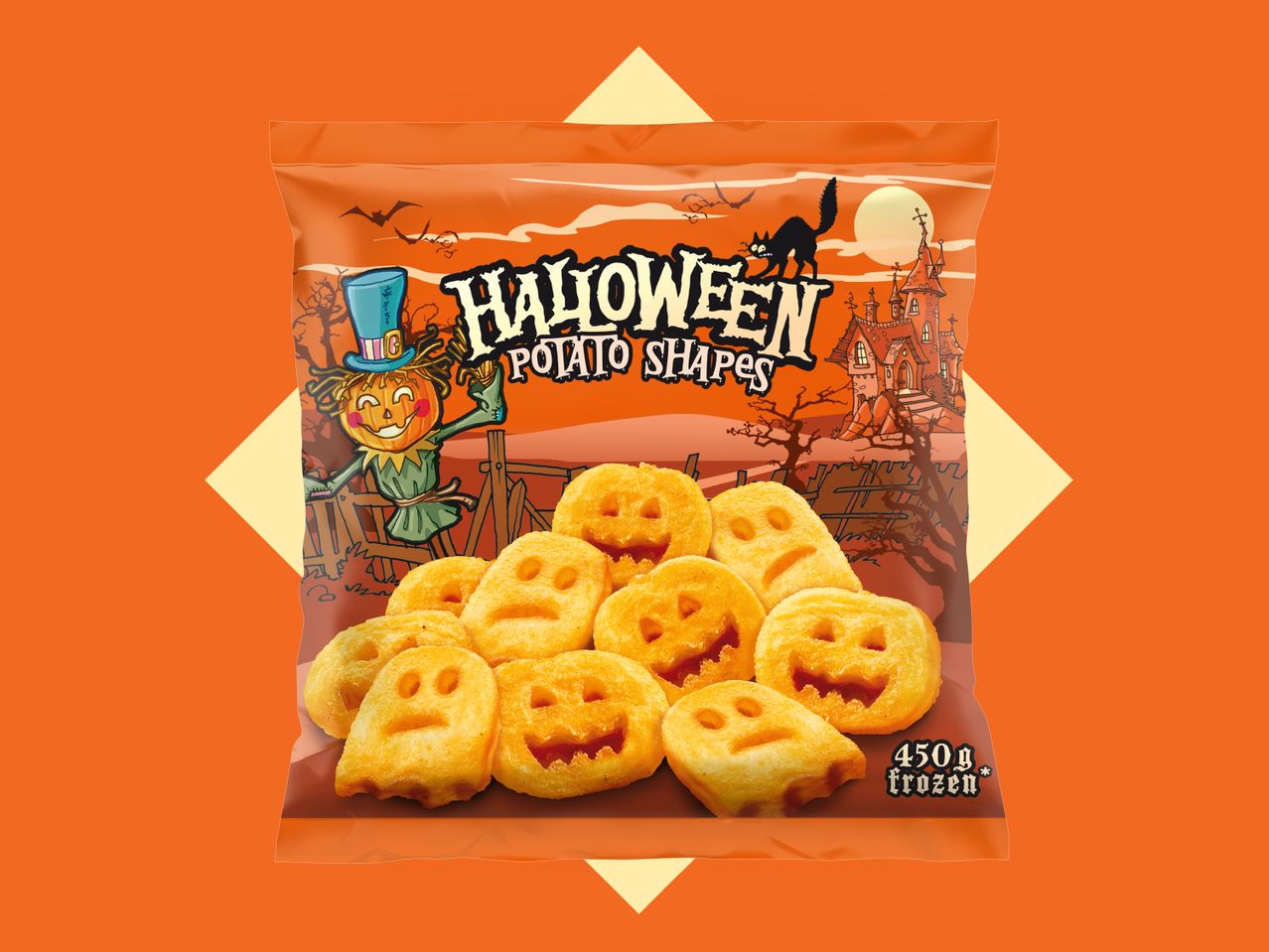 Sachet de frites de pommes de terre en forme de citrouilles et de fantômes d'Halloween.