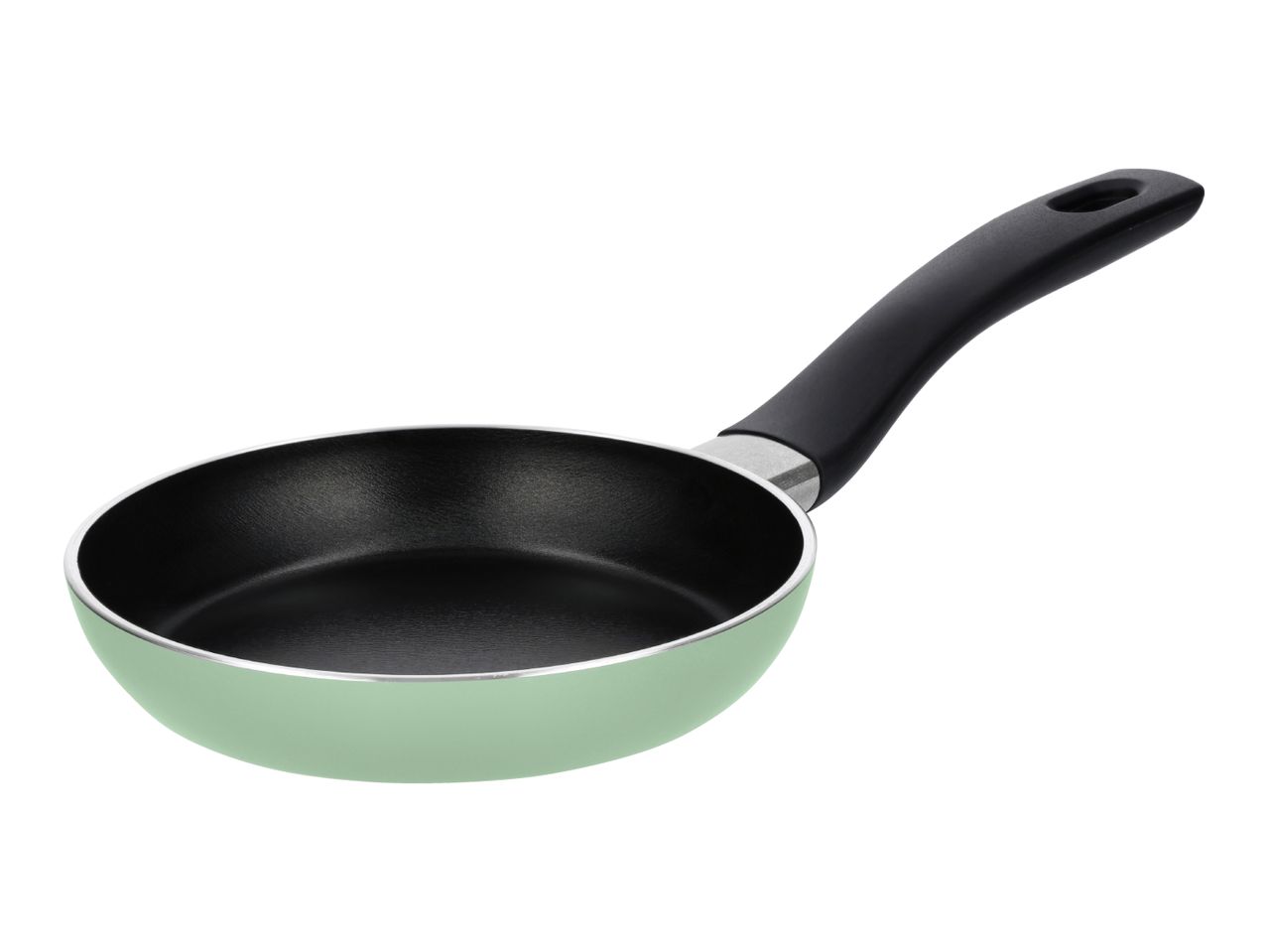Light green frying pan with a black handle on a white background.