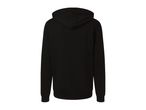 Back view of a plain black hoodie with a hood and long sleeves.