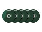 Five green grinding discs with a central metal ring and a rotation arrow on the first disc.