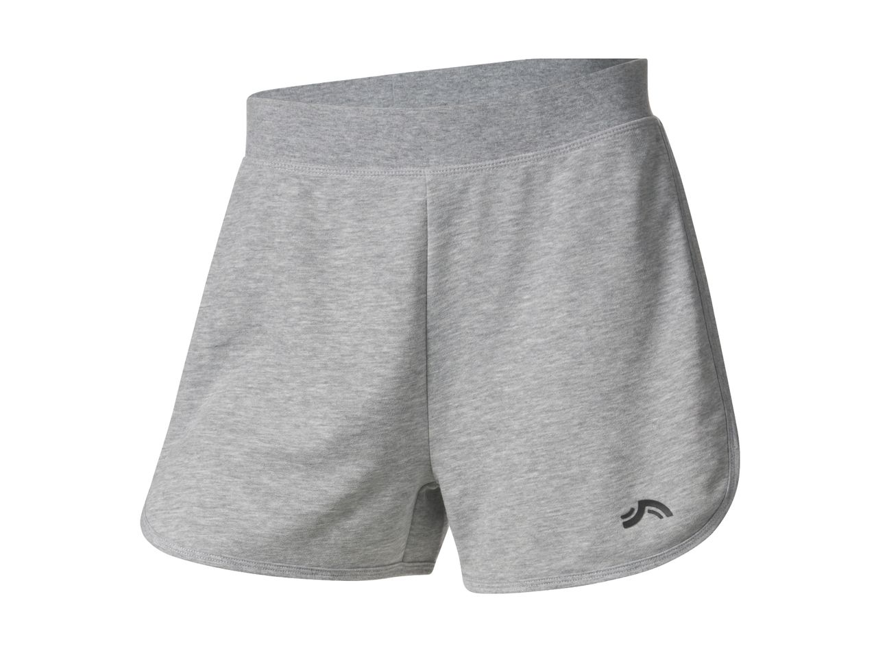 Gray athletic shorts with a black logo on the right leg.