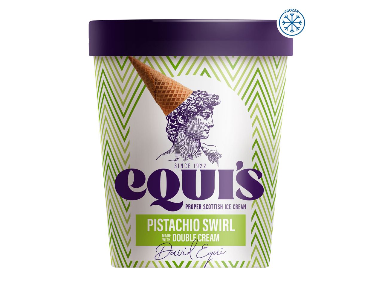 Equi's Pistachio Swirl ice cream tub with a waffle cone and a 'Frozen' label.