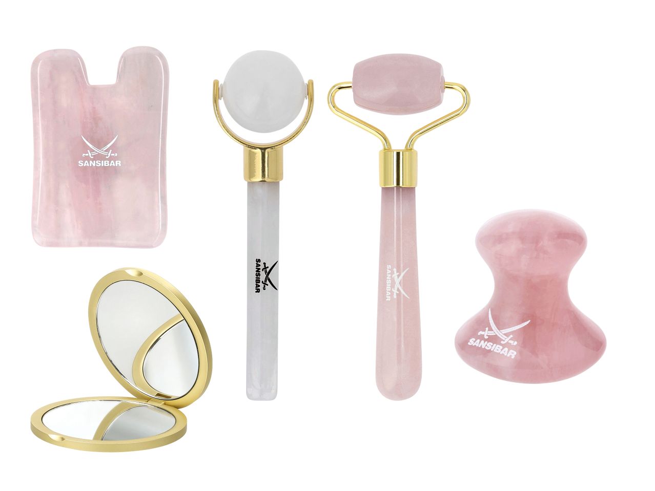 Gesichtsmassage-Set aus Rosenquarz und Jade mit Gua Sha, Rollern und Kompaktspiegel von SANSIBAR