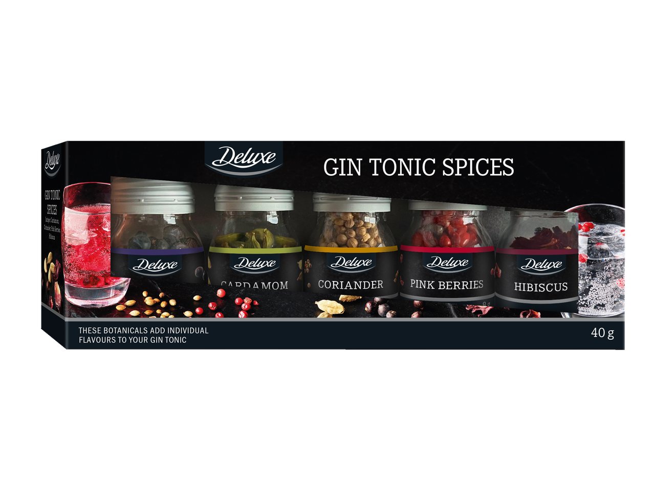 Deluxe set začina za džin tonik sa pet pojedinačnih tegli.