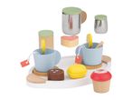 Wooden toy tea set with cups, teapot, sugar bowl, and various pastries on a white tray.