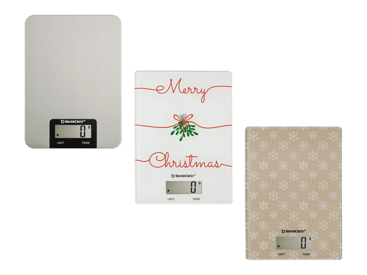 Kolme SilverCrest-keittiövaakaa: yksi harjattua terästä, yksi 'Merry Christmas' -tekstillä ja yksi lumihiutalekuvioinnilla.