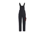 Dark grey work dungarees with red stitching and accents, featuring multiple pockets.