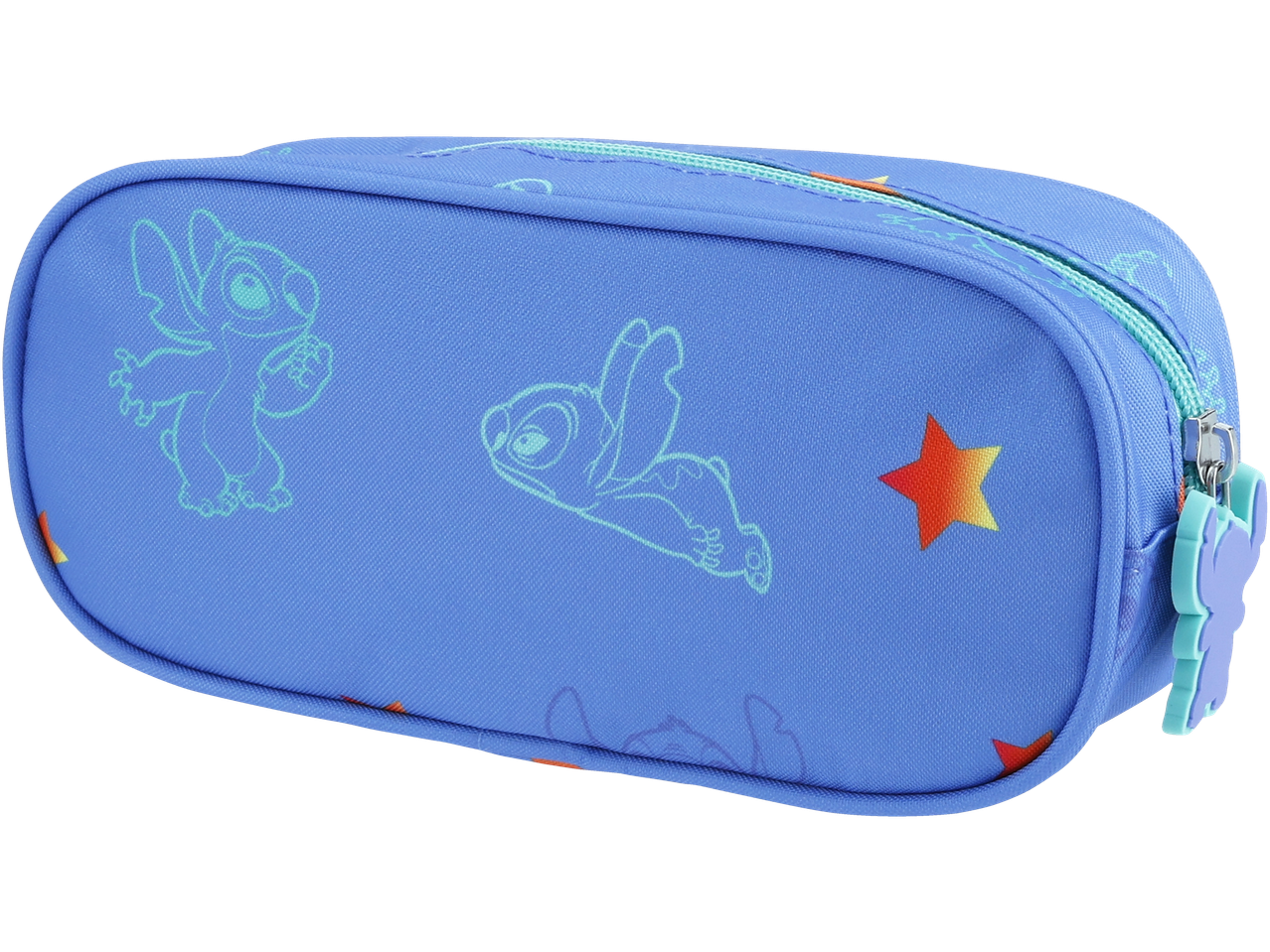 Blue pencil case with Stitch character outlines and orange stars.