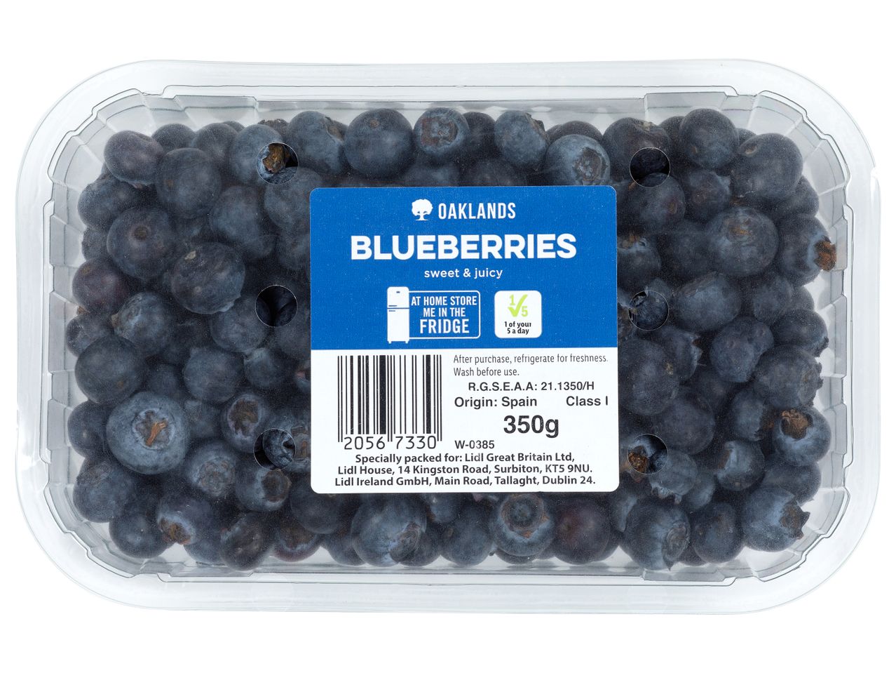 A clear plastic container of Oaklands Blueberries with a blue label.